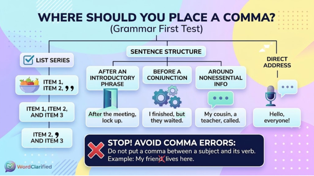 An educational infographic by WordClarified showing where to place a comma in a sentence, covering list items, introductory phrases, coordinating conjunctions, nonessential clauses, and direct address.