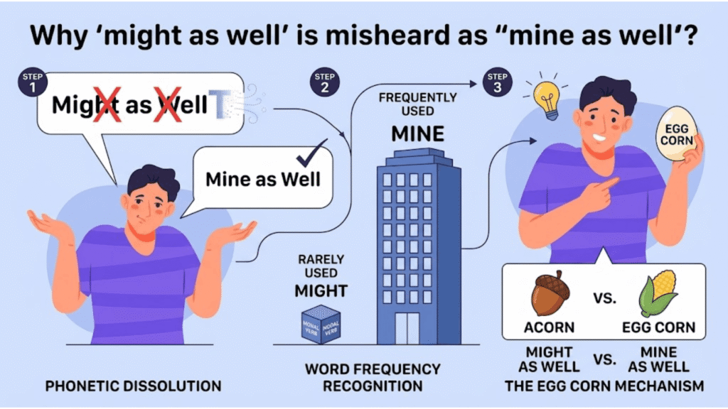 Infographic explaining why might as well is misheard as mine as well through phonetic dissolution and the eggcorn mechanism