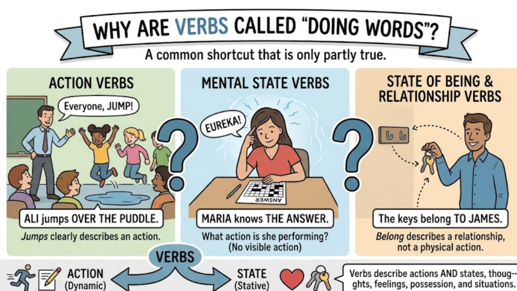 An infographic chart with three panels explaining the common English grammar shortcut "Verbs are doing words." It contrasts dynamic action verbs, mental state verbs, and state-of-being verbs, showing how not all verbs describe physical actions.