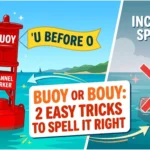 An educational illustration showing a bright red ocean buoy with correct spelling "BUOY" and a red cross over incorrect spelling "BOUY", featuring the title "Buoy or Bouy: 2 Easy Tricks to Spell It Right