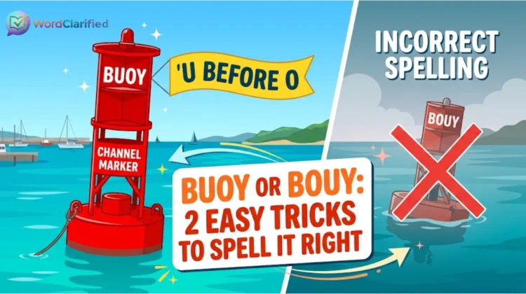 An educational illustration showing a bright red ocean buoy with correct spelling "BUOY" and a red cross over incorrect spelling "BOUY", featuring the title "Buoy or Bouy: 2 Easy Tricks to Spell It Right