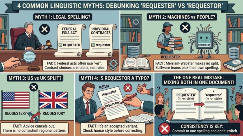 An educational infographic titled '4 Common Linguistic Myths: Debunking Requester vs Requestor'. The image features four myth-versus-fact panels covering legal definitions, machine usage, US versus UK spelling split, and typos, along with a bottom banner highlighting document consistency.