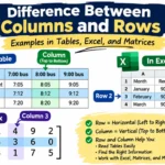 Difference between rows and columns illustrated with a bus timetable, an Excel spreadsheet, and a 3 × 5 matrix.