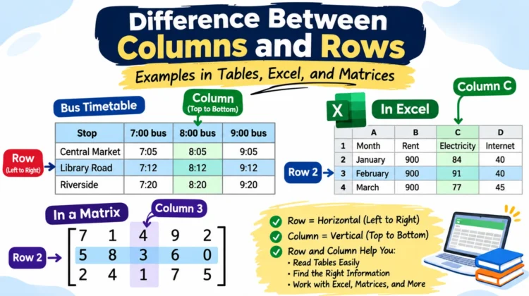 Difference between rows and columns illustrated with a bus timetable, an Excel spreadsheet, and a 3 × 5 matrix.