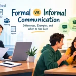 Formal vs informal communication illustration comparing workplace emails and official documents with casual conversations and group messages.