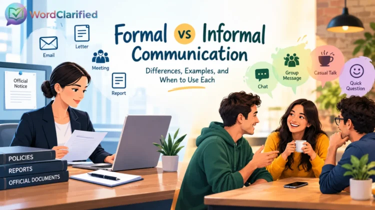 Formal vs informal communication illustration comparing workplace emails and official documents with casual conversations and group messages.