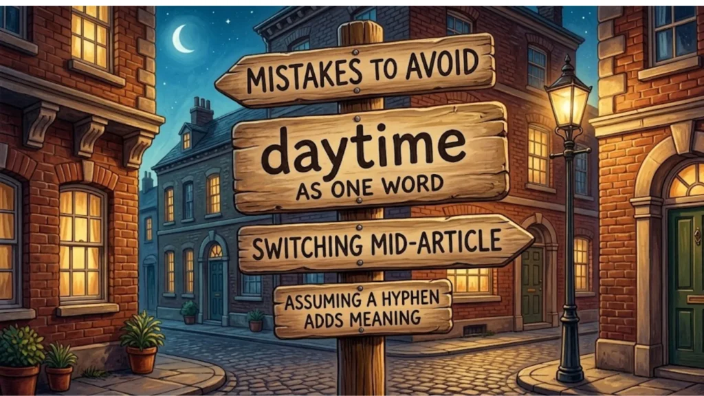An illustrative image of wooden road signs on a post at a street corner, featuring advice on grammar and spelling mistakes to avoid. Text on the signs includes "Mistakes to Avoid," "daytime" spelled as one word, and warnings against errors such as "switching mid-article" and "assuming a hyphen adds meaning." The background shows traditional brick buildings and a vintage street lamp under a crescent moon.