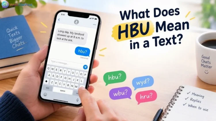 HBU meaning in text explained with a smartphone conversation and examples of common texting abbreviations like WBU, HRU, and WYD.