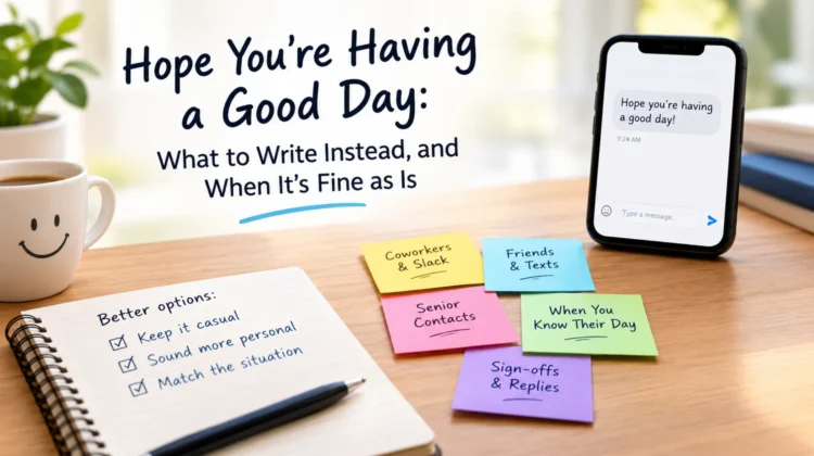 Hope You’re Having a Good Day” alternatives, featuring a smartphone message, notebook, coffee mug, and colorful sticky notes on a desk.