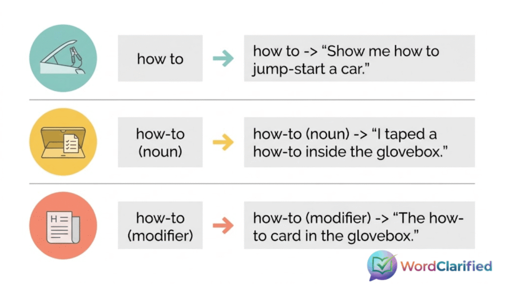 Chart showing the three jobs of how-to: verb phrase, noun, and modifier