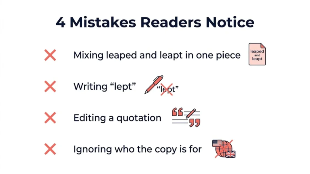 Checklist of four mistakes readers notice with leaped and leapt