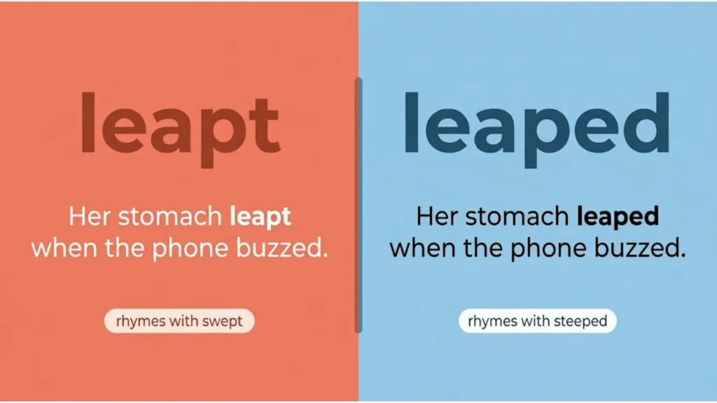 Two sentences side by side showing leapt and leaped, with leapt rhyming with swept and leaped rhyming with steeped
