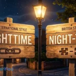 A illuminated night street scene with two wooden directional signs displaying "NIGHTTIME" and "NIGHT-TIME" under a street lantern, illustrating the US vs UK spelling comparison.