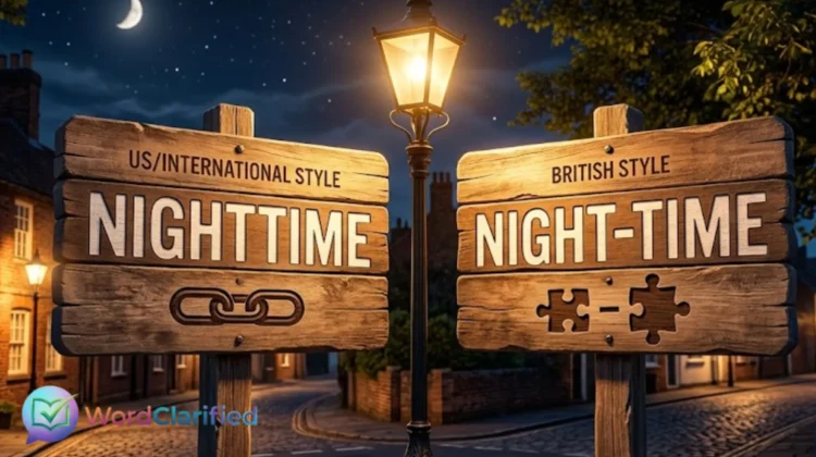 A illuminated night street scene with two wooden directional signs displaying "NIGHTTIME" and "NIGHT-TIME" under a street lantern, illustrating the US vs UK spelling comparison.