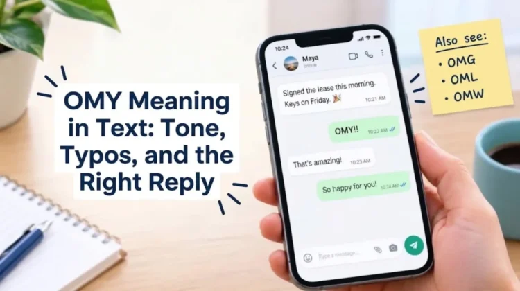 OMY meaning in text explained with a smartphone chat example, showing how to use OMY in a conversation and compare it with OMG, OML, and OMW.