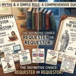 An educational infographic titled "4 Myths & A Simple Rule: Requester vs Requestor" comparing the two spellings on a desk setup. The image breaks down native English "-er" usage, Latin root "-or" origins, common legal and technical myths, and tips for document consistency.