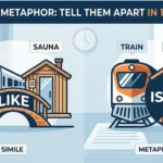 An educational illustration explaining Simile vs Metaphor using the sentence example 'The train was like a sauna' (Simile with 'LIKE' bridge) versus 'The train was a sauna' (Metaphor with 'IS' connection)