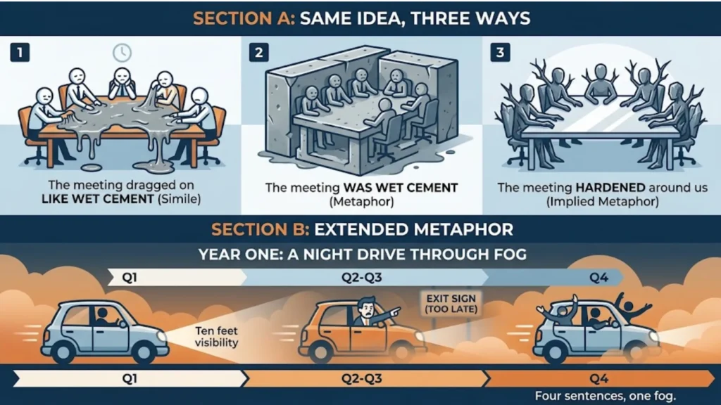 An educational illustration divided into two sections. Section A shows a bored sales meeting: a person stuck in viscous cement (Simile: 'LIKE wet cement'); a man completely encased in solid concrete (Metaphor: 'WAS wet cement'); and a person whose body is hardening into dark, rigid stone (Implied Metaphor: 'The meeting HARDENED'). Section B illustrates a car driving through deep fog at night with minimal headlights, labeled 'Year One: A Night Drive Through Fog (Extended Metaphor)'.