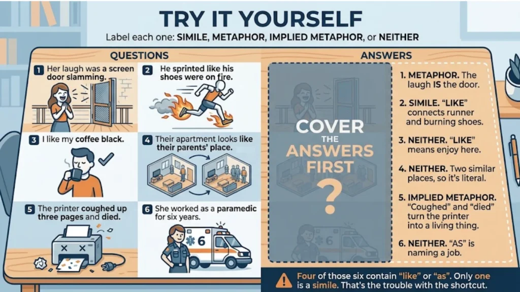 An educational practice quiz graphic titled 'Try It Yourself' with 6 examples illustrating similes, metaphors, implied metaphors, and literal uses of 'like' and 'as', alongside a covered answers section.