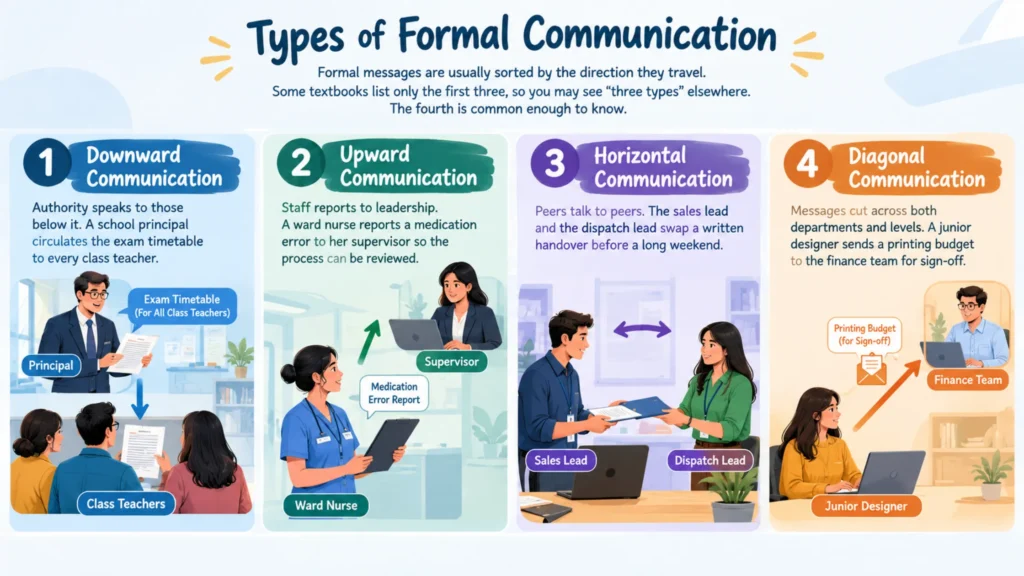 Infographic showing downward, upward, horizontal, and diagonal communication with workplace and school examples.