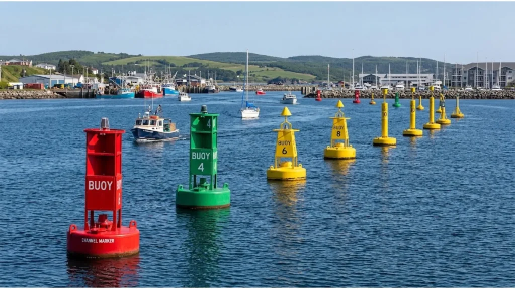 arious colorful navigation buoys including red, green, and yellow channel markers floating on calm harbor water near boats