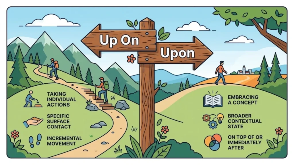 Infographic illustration showing the grammatical choice between using formal 'upon' in contracts versus plain 'on' in everyday communication