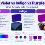 Violet, indigo, and purple color swatches compared side by side