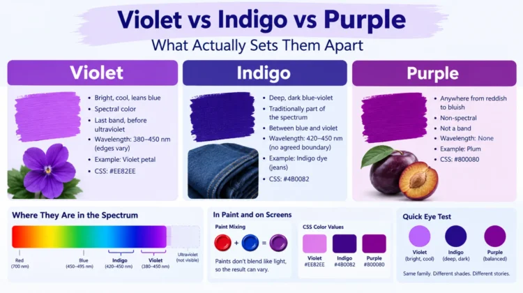 Violet, indigo, and purple color swatches compared side by side
