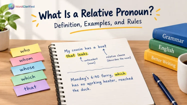 Relative pronouns who, whom, whose, which, and that with grammar examples in a study notebook