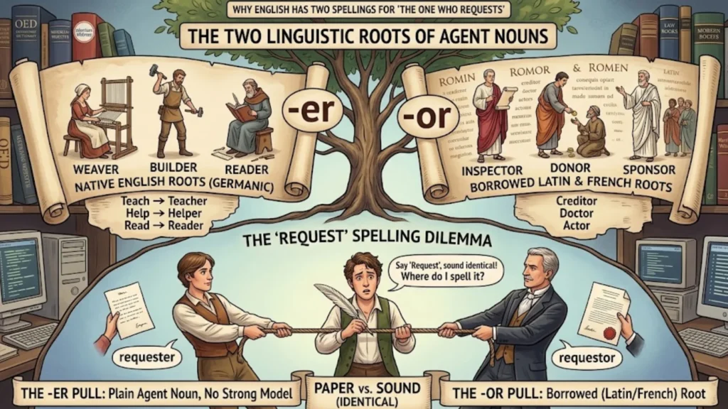 "Why English has two spellings for 'the one who requests' is explained in this infographic detailing linguistic roots. A tree diagram illustrates native Germanic '-er' suffixes (weaver, builder, reader) versus borrowed Latin/French '-or' suffixes (inspector, donor, sponsor). Below this, a tug-of-war illustrates 'The Request Spelling Dilemma,' contrasting the simple '-er' pull with the borrowed Latin '-or' pull. A confused writer stands between them, noting the dilemma that on paper the spellings are distinct, but the sound is identical."