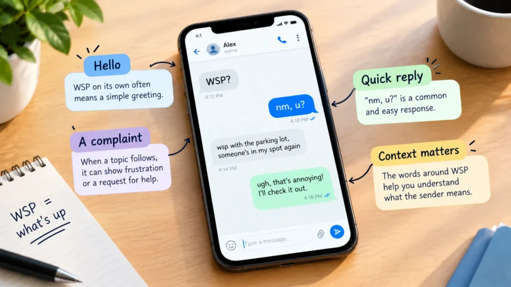 Infographic showing how WSP is used in text messages, common replies, and why context matters.